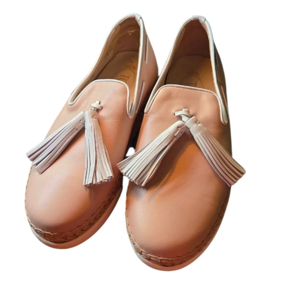 Tod's Caramel Pink Leather Tassel Espadrille Loafers Size 37